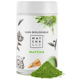 Boîte de poudre de matcha biologique avec illustration
